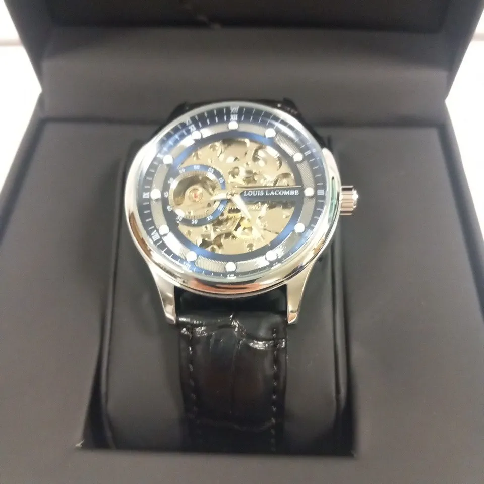 MENS LOUIS LACOMBE AUTOMATIC WATCH – SKELETON DIAL – GLASS EXHIBITION BACK CASE – LEATHER STRAP – GIFT BOX – EST £380