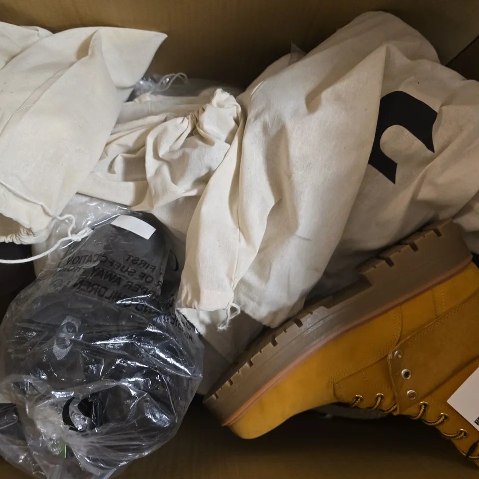 BOX OF APPROXIMATELY 15 ASSORTED PAIRS OF SHOES AND FOOTWEAR ITEMS IN VARIOUS COLOURS, STYLES, AND SIZES - COLLECTION ONLY