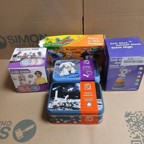 TOTE OF APPROXIMATELY 15 ASSORTED TOYS/RELATED ITEMS TO INCLUDE PUPPY SIMPLE SEWING KIT, SPACE STATION BUILDING BLOCKS, ANIMAL STACK, FLYNOVA PRO FLYING SPINNER ETC