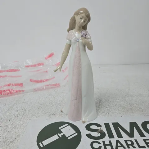 NAO HAND MADE PORCELAIN FIGURINE – GIRL IN WHITE DRESS WITH PINK SASH (VALENCIA, SPAIN)