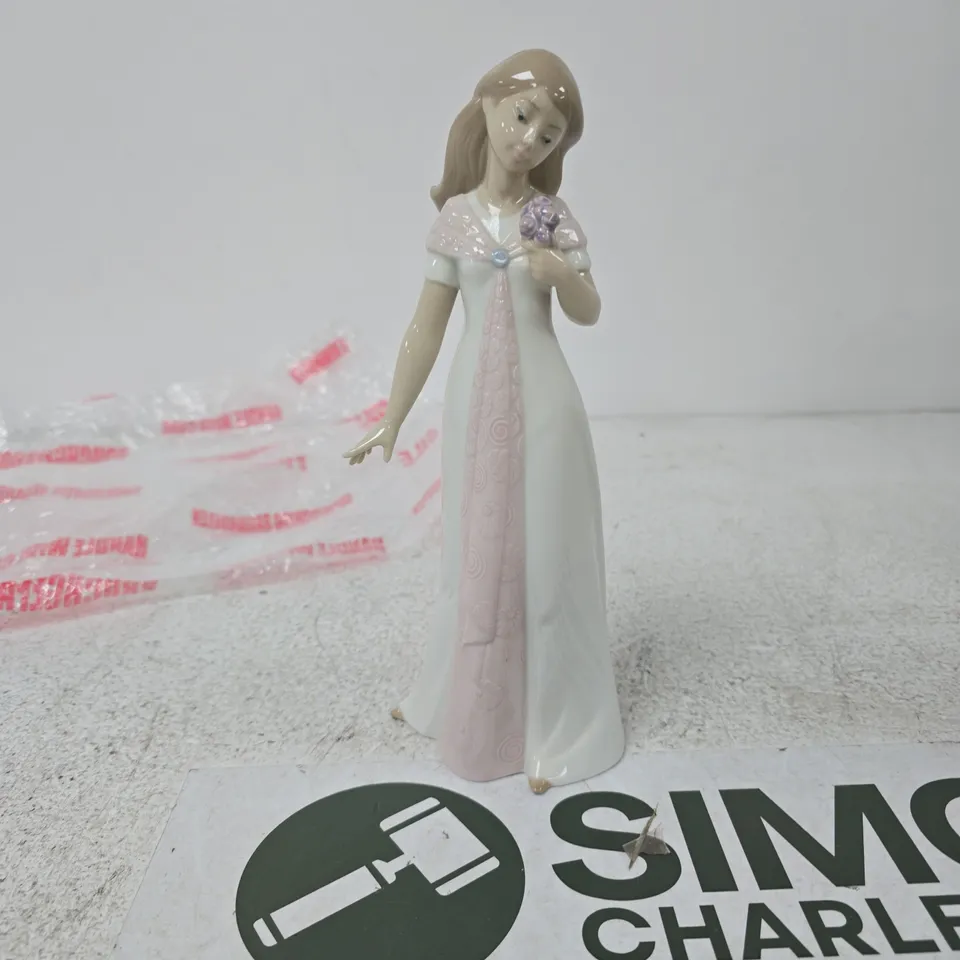 NAO HAND MADE PORCELAIN FIGURINE – GIRL IN WHITE DRESS WITH PINK SASH (VALENCIA, SPAIN)