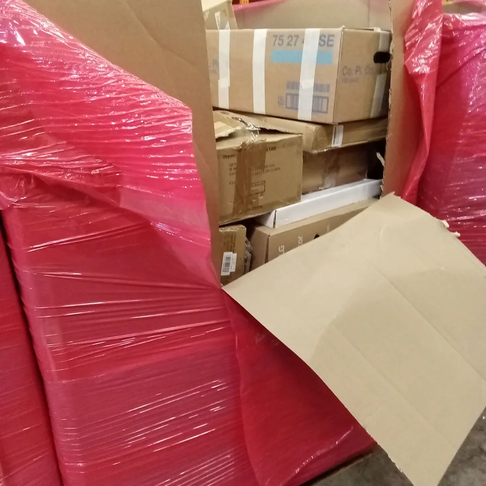 PALLET OF ASSORTED HOUSEHOLD GOODS AND PRODUCTS TO INCLUDE; I-SIZE CAR BOOSTER SEAT, COOLER FAN, BOXED FURNITURE ETC 