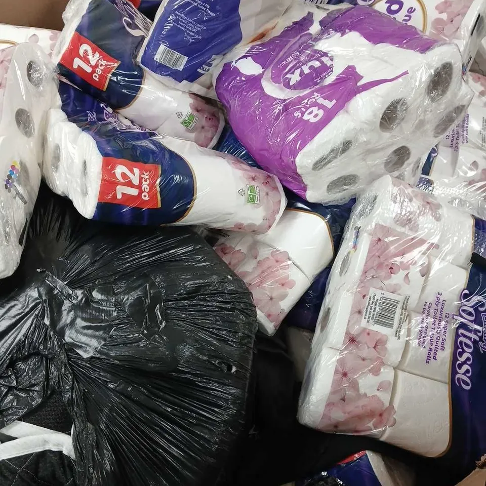 PALLET OF APPROXIMATELY 40 ASSORTED ITEMS TO INCLUDE TOILET ROLL, HEADBOARD, CLOTHING, ETC - COLLETCION ONLY
