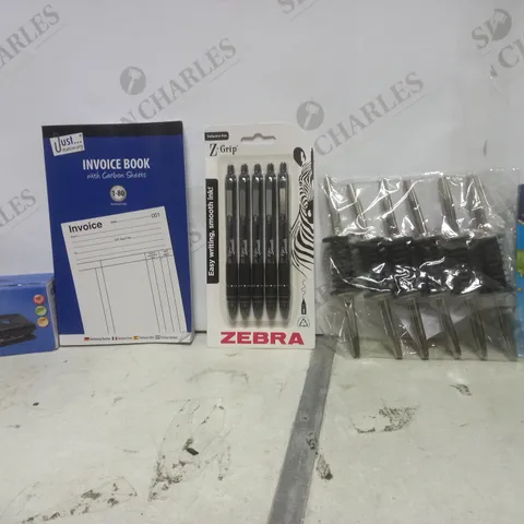 BOX OF APPROX 15 ASSORTED ITEMS TO INCLUDE - INVOICE BOOK - BOSTIK BLU TACK - ZEBRA Z-GRIP ETC