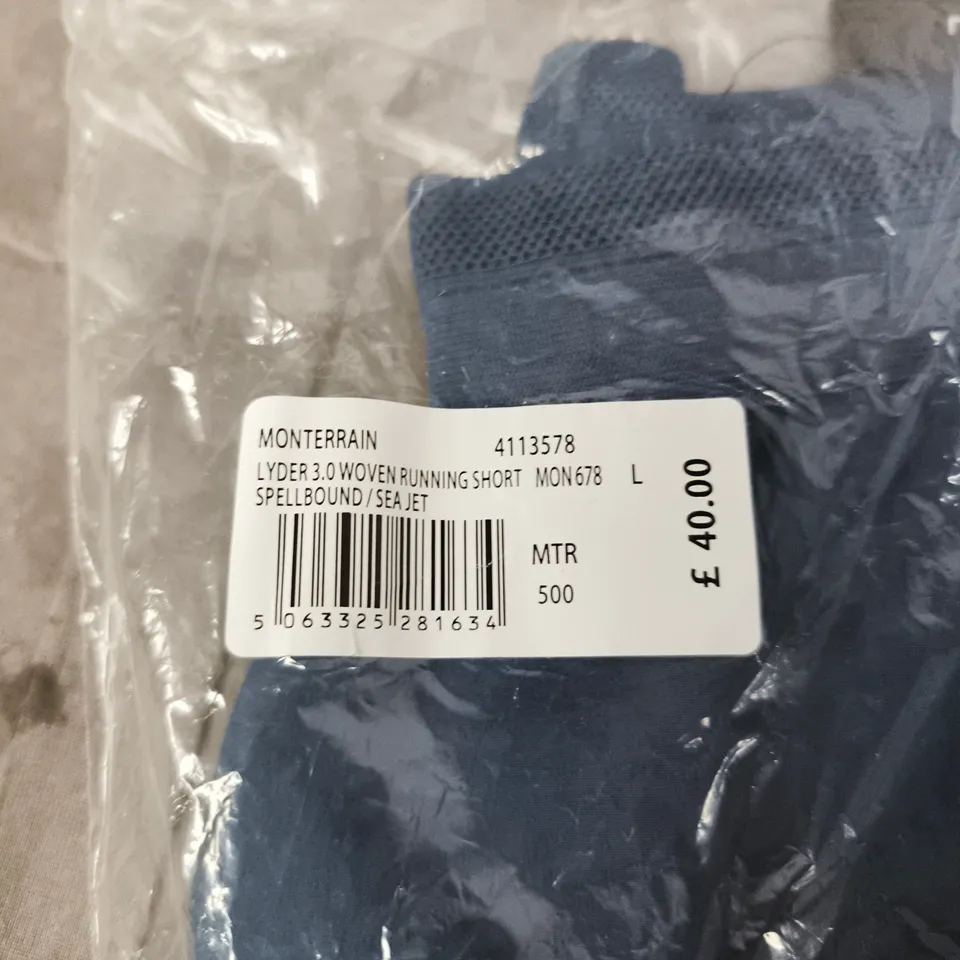 MONTERRAIN LYDER 3.0 WOVEN RUNNING SHORTS – NAVY WITH TURQUOISE STRIPE, SIZE L