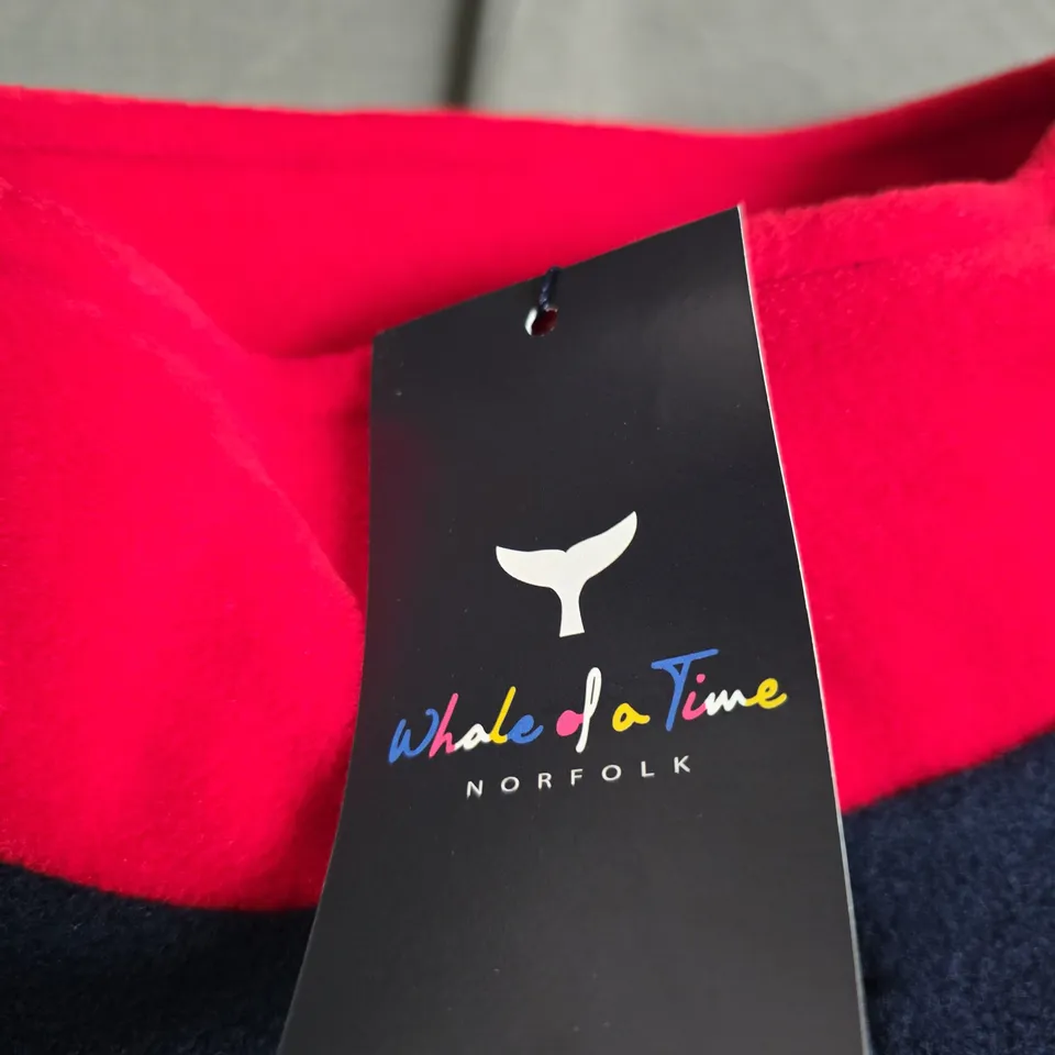 WHALE OF A TIME NORFOLK NAVY FLEECE JACKET, RED SLEEVES, UK SIZE S