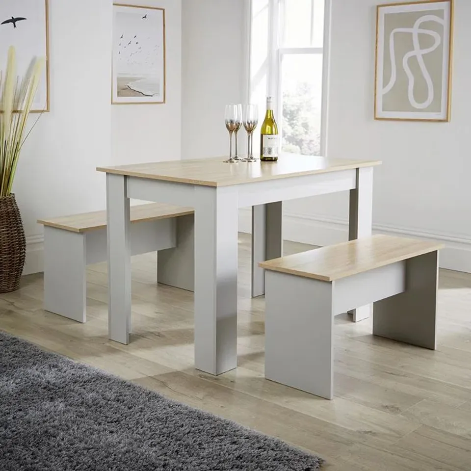 BOXED 4 PERSON GREY DINING TABLE AND BENCH SET - GREY (2 BOXES)