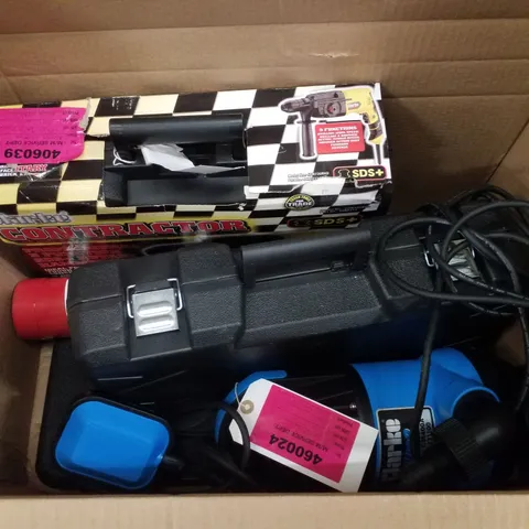 BOX CONTAINING ASSORTED SCRAP ITEMS INCLUDING ROTARY HAMMER DRILL, DUAL ACTION SANDER/POLISHER & AIR STAPLE GUN 