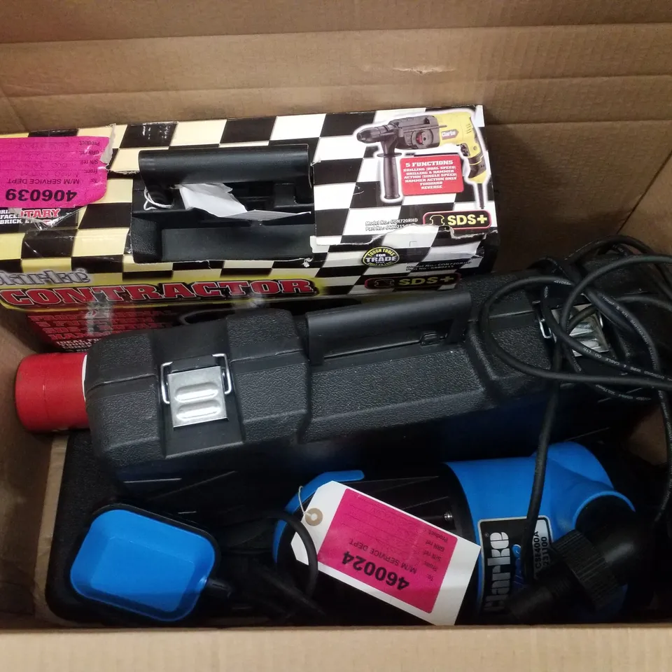 BOX CONTAINING ASSORTED SCRAP ITEMS INCLUDING ROTARY HAMMER DRILL, DUAL ACTION SANDER/POLISHER & AIR STAPLE GUN 