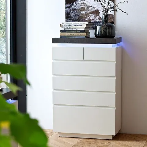 BRAND NEW BOXED MENTIS CHEST OF DRAWERS IN MATT WHITE AND CONCRETE WITH LED (2 BOXES)