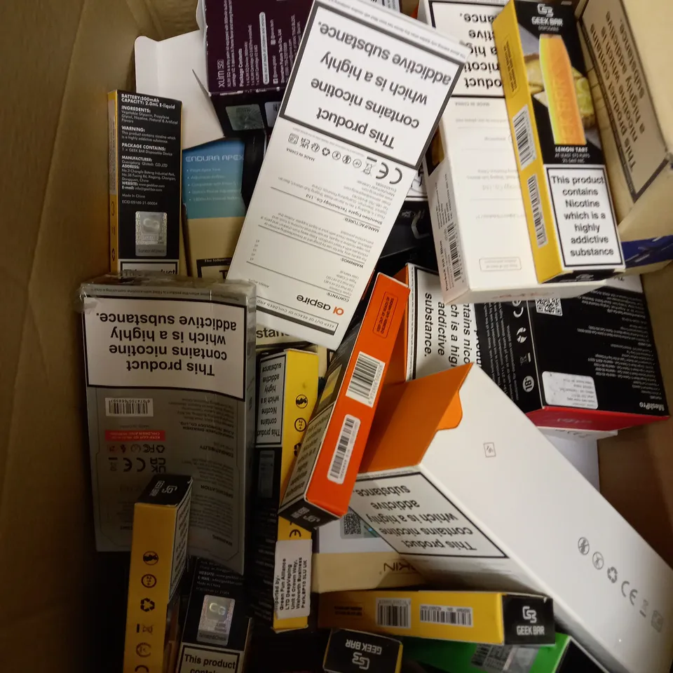 BOX OF APPROXIMATELY 35 ASSORTED VAPING KITS & DISPOSABLE VAPES IN VARIOUS FLAVOURS & BRANDS TO INCLUDE VOO-POO, VAPORESSO, XLIM ETC 