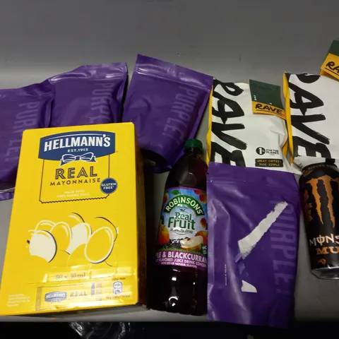 LOT OF APPROXMATELY 8 ITEMS TO INCLUDE  - RAVE COFFEE BLEND, HELLMANS REAL MAYONAISE PACKETS, AND MONSTER MULE ETC. 