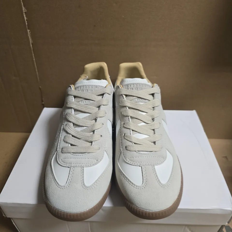BOXED PAIR OF MAISON MARGIELA BEIGE/GREY SNEAKERS WITH GUM SOLE – SIZE 43