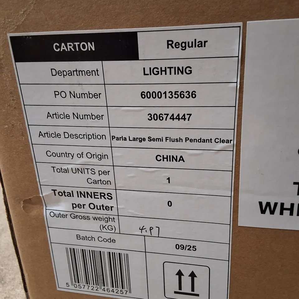 BOXED DUNELM PARLA LARGE SEMI-FLUSH PENDANT CEILING LIGHT – CLEAR CRYSTALS