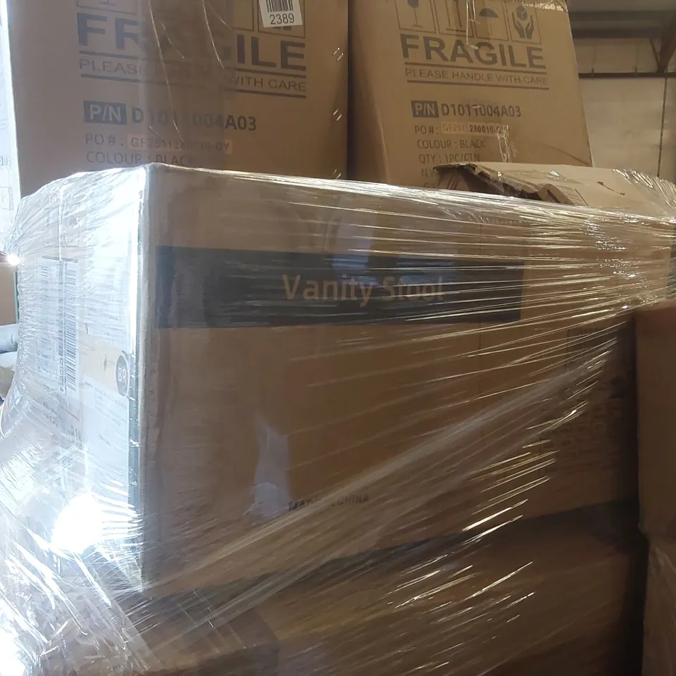 PALLET CONTAINING A VERY LARGE QUANTITY OF ASSORTED ITEMS INCLUDING: OFFICE STOOLS, VANITY STOOL, PET INTERACTIVE FURNITURE, EXERCISE BENCHES ECT
