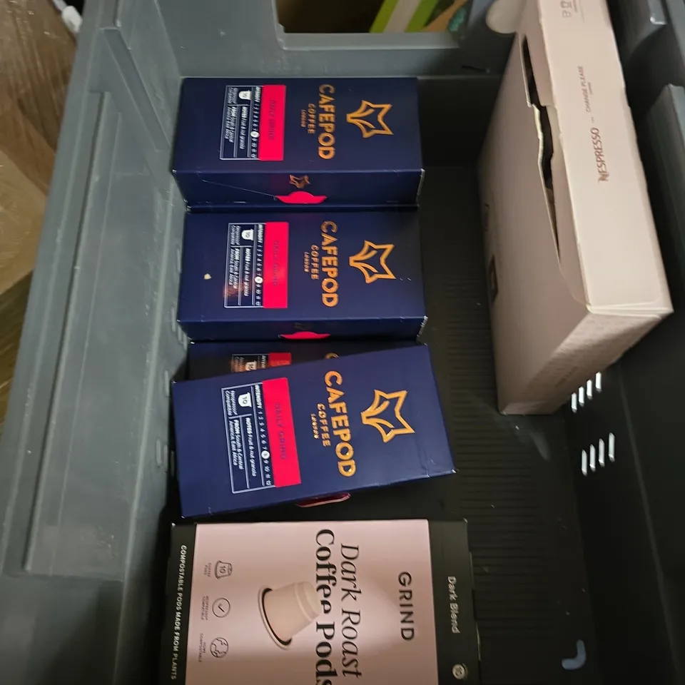 TOTE OF APPROXIMATELY 12 ASSORTED COFFEE TO INCLUDE EXHALE DARK ROAST, GRIND DARK ROAST PODS AND NESPRESSO