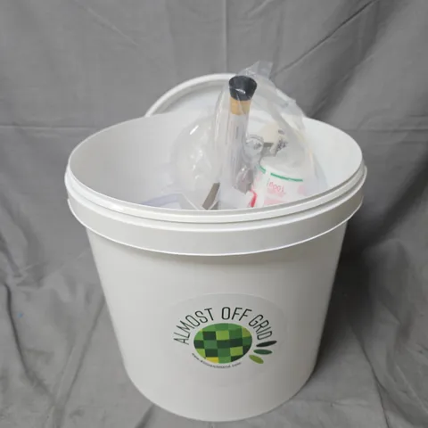 ALMOST OFF GRID BUCKET – WHITE PLASTIC BUCKET WITH ASSORTED CONTENTS