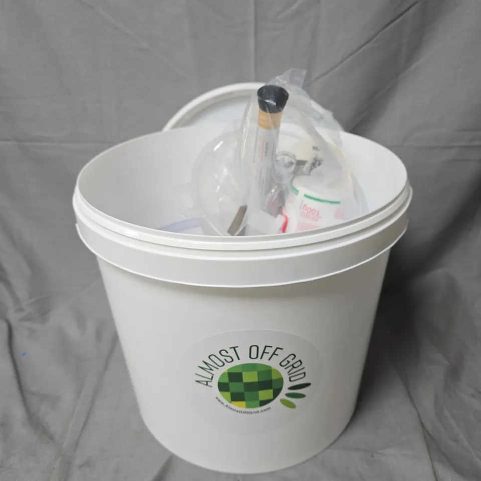 ALMOST OFF GRID BUCKET – WHITE PLASTIC BUCKET WITH ASSORTED CONTENTS