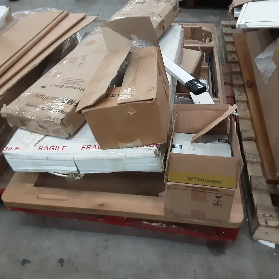 PALLET CONTAINING BOXED FURNITURE INCLUDING DINING TABLE TOP , SHELF , TEA LIGHT SET , MONTON DINING TEA