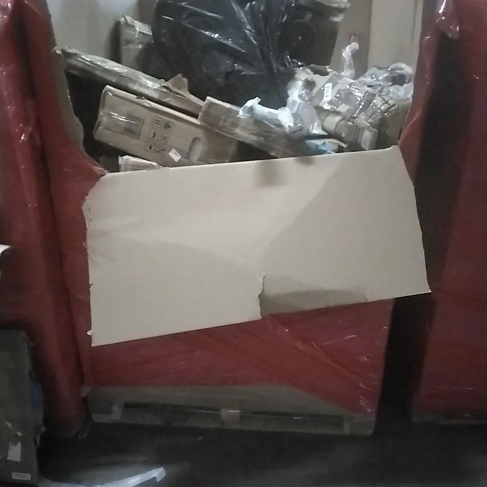 A PALLET CONTAINING ASSORTED HOUSEHOLD GOODS AND PRODUCTS TO INCLUDE; POP UP TENT, DESK, BOXED FURNITURE ETC