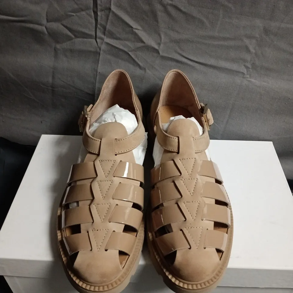 BOXED PAIR OF RUSSELL AND BROMLEY WOMEN'S BEIGE MULTI-STRAP SANDAL WITH BUCKLE ANKLE STRAP - SIZE 37 