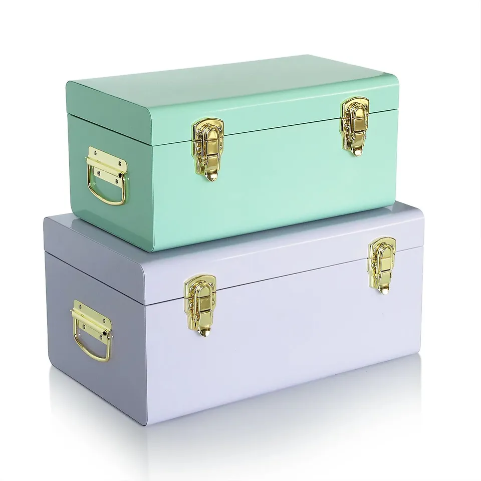 HOME STORIES SORBET COLLECTION SET OF 2 METAL STORAGE TRUNKS