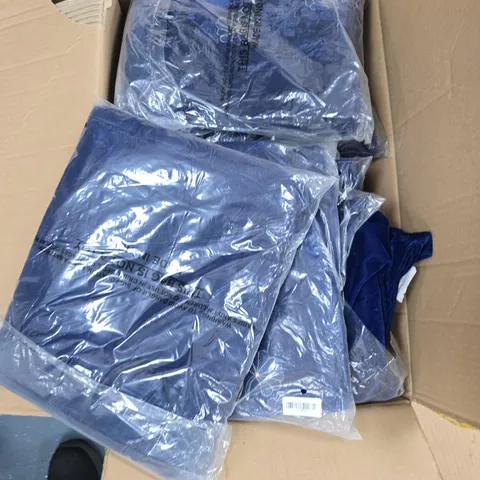 BOX OF APPROXIMATELY 25 ASSORTED CLOTHING ITEMS TO INCLUDE: TAMSY BLUE FLORAL DRESS