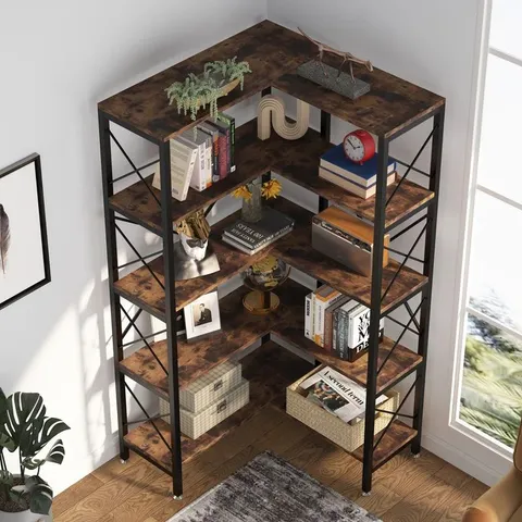 BOXED WILLISTON FORGE 5 SHELF CORNER BOOK SHELF, INDUSTRIAL CORNER BOOKCASE, 5-TIER TALL CORNER SHELF (1 BOX)