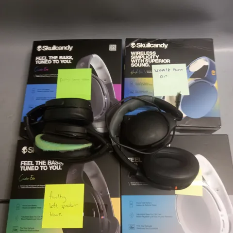 BOX OF APPROX 10 ASSORTED FAULTY SKULLCANDY HEADSETS IN VARIOUS STYLES AND COLOURS
