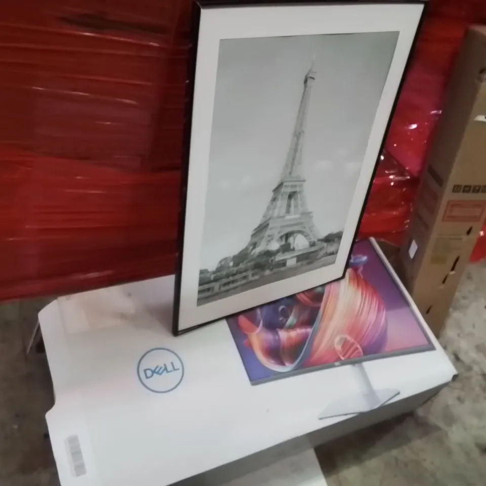 PALLET OF ASSORTED HOUSEHOLD GOODS AND PRODUCTS TO INCLUDE;PHOTO PRINT,RETRACTABLE SAFETY GATE,DELL 34 INCH CURVED MONITOR 