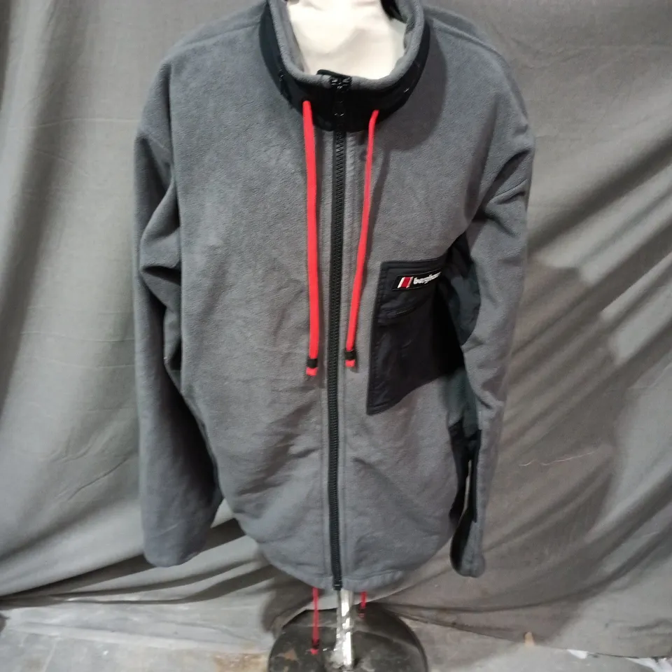 BERGHAUS FLEECE JACKET, GREY WITH RED DRAWSTRINGS, UK XL