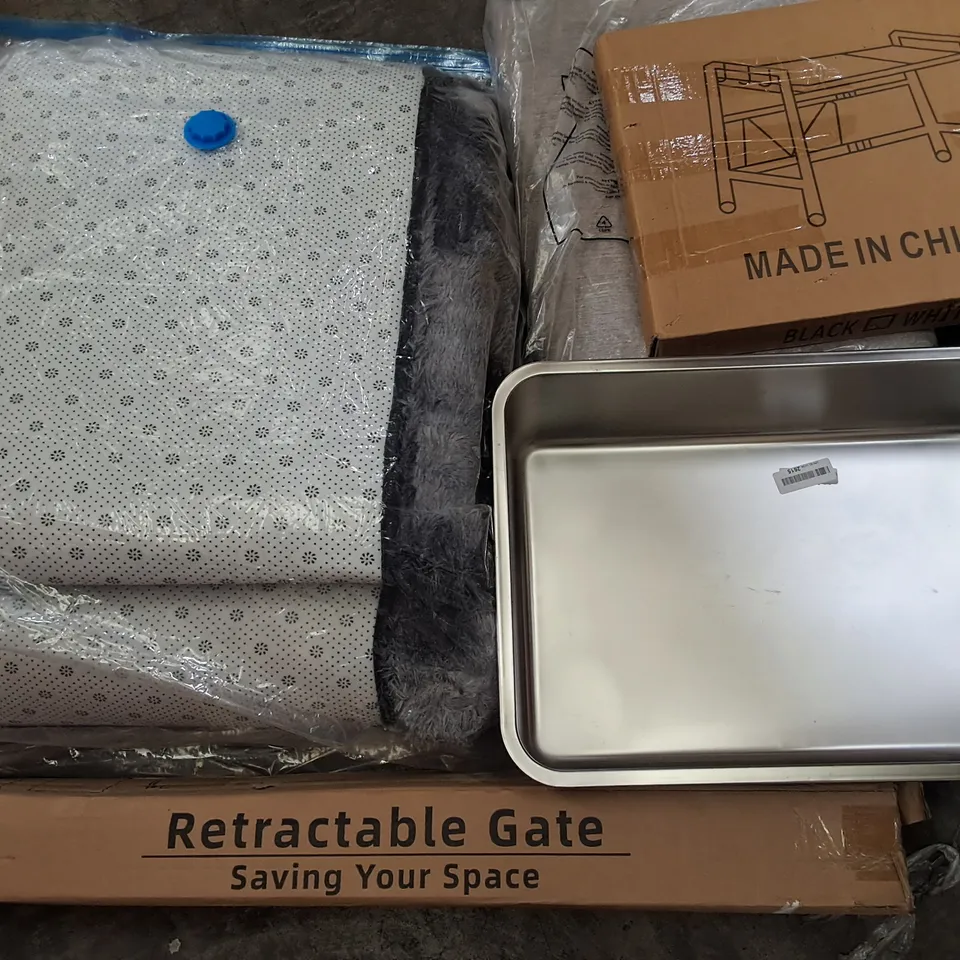 PALLET OF ASSORTED HOUSEHOLD ITEMS TO INCLUDE METAL BASIN RETRACTABLE GATE AND HOME FABRICS 