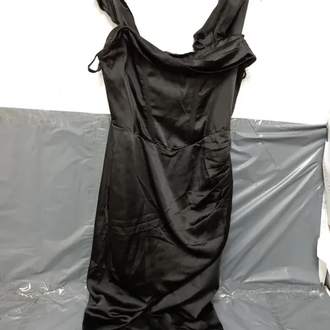 CLUB L DESERVING BLACK SATIN BARDOT SLEEVE CORSETWRAP MIDI DRESS IN BLACK - UK 12