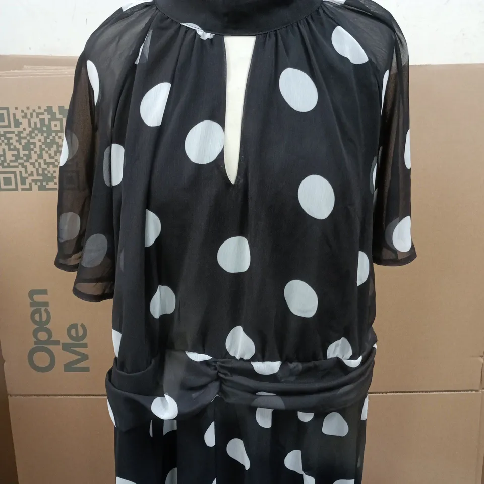 WOMENS SUMMER POLKA DOT SHEER MAXI DRESS – BLACK WITH WHITE SPOTS - SIZE 22