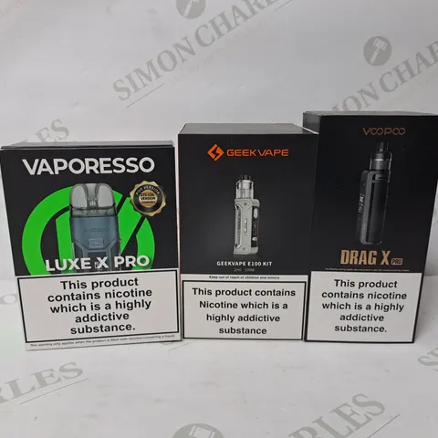 APPROXIMATELY 10 ASSORTED E-CIGARETTE PRODUCTS TO INCLUDE GEEKVAPE LUXE X PRO, GEEKVAPE E100 KIT, VOOPOO DRAG X PRO