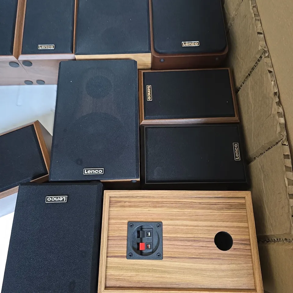 PALLET OF ASSORTED TURNTABLE ACCESSORIES TO CONTAIN PRIMARILY LENCO WOOD EFFECT SPEAKERS
