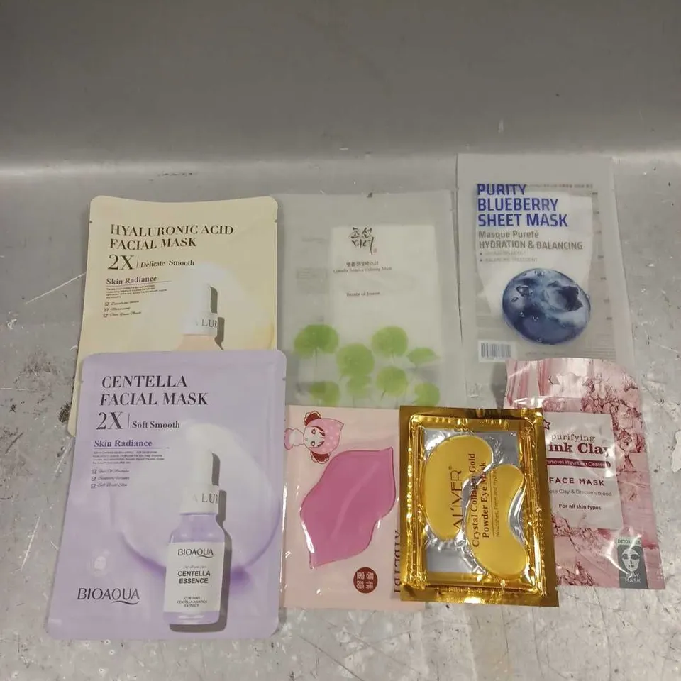 APPROXIMATELY 20 ASSORTED SKINCARE PRODUCTS INCLUDE - AL'IVER COLLAGEN GOLD EYE MASK - LIP MASKS - BIOAQUA HYALURONIC ACID FACIAL MASK - ETC