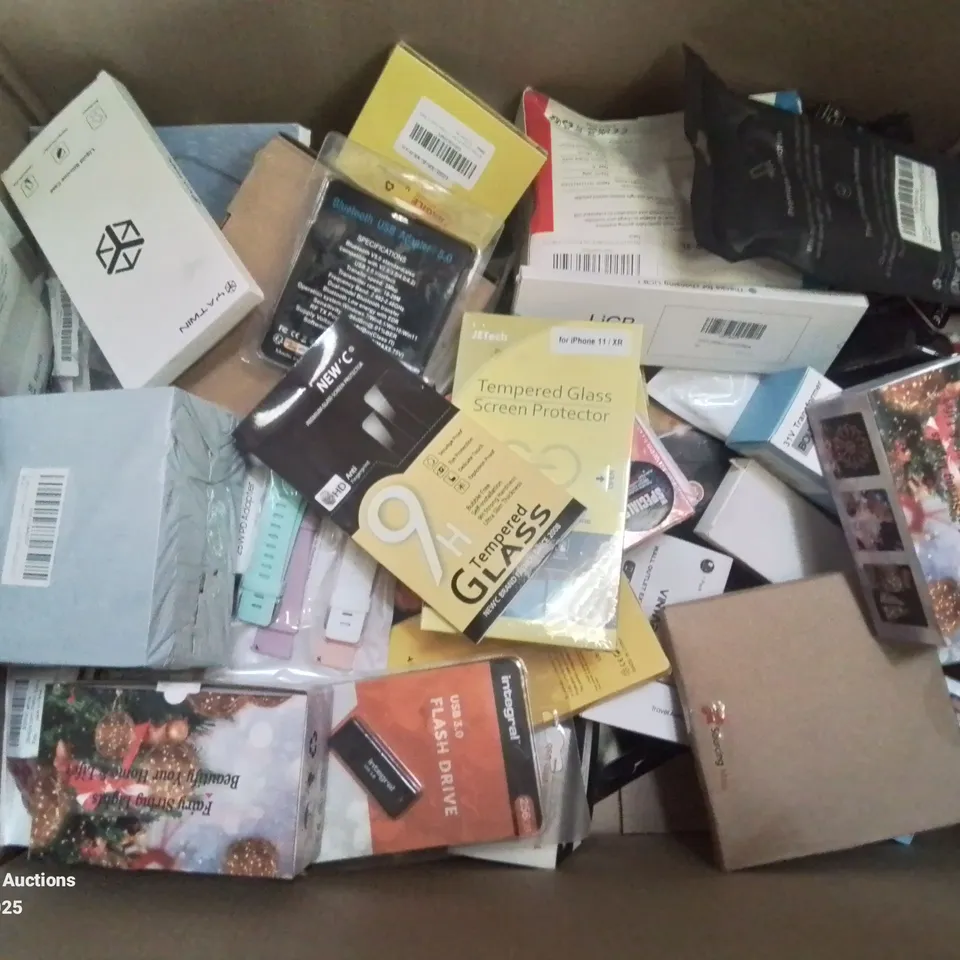 BOX CONTAINING LARGE AMOUNT OF MIXED BOXED ELECTRONIC ITEMS PHONE ACCESSORIES ETC.