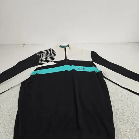 HUGO BOSS COLOUR-BLOCK KNIT PULLOVER – BLACK/TEAL/WHITE, ZIP NECK (MEN'S) SIZE XL