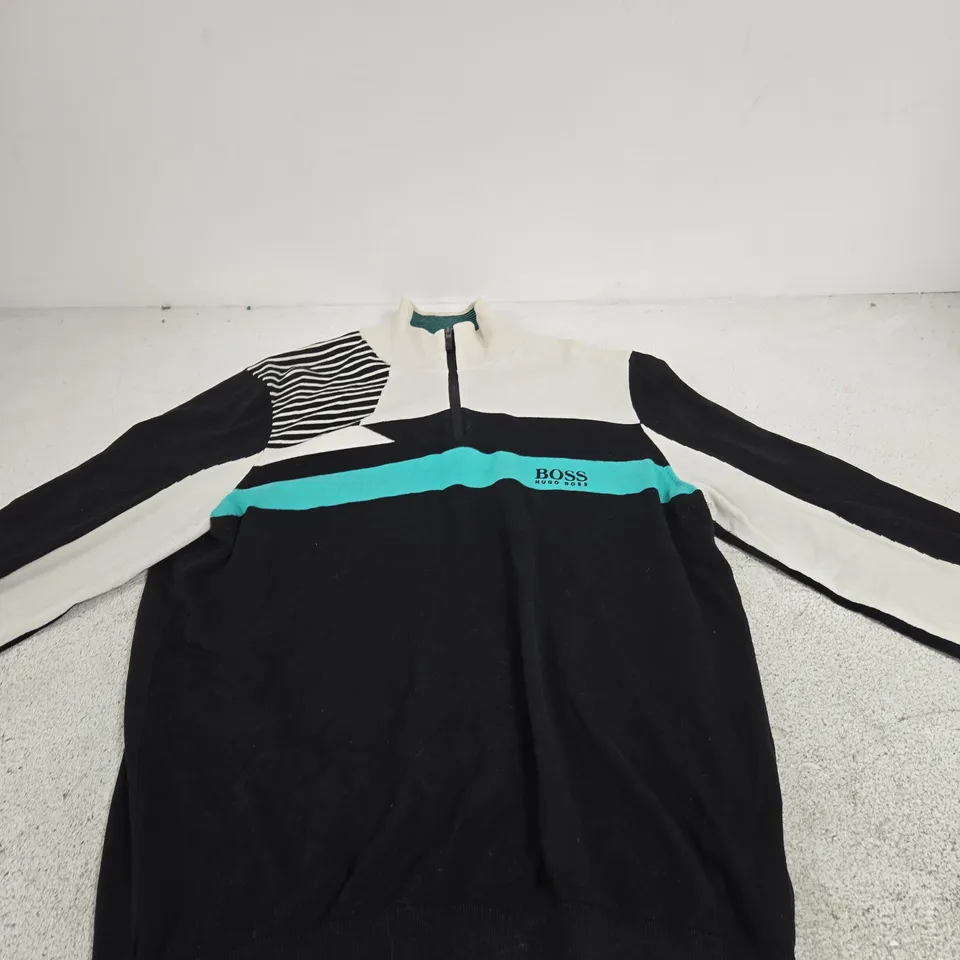 HUGO BOSS COLOUR-BLOCK KNIT PULLOVER – BLACK/TEAL/WHITE, ZIP NECK (MEN'S) SIZE XL