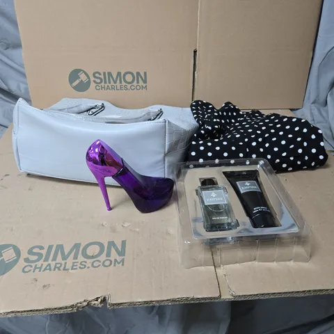 BOX OF APPROXIMATELY 30 ASSORTED HOUSEHOLD ITEMS TO INCLUDE HAND BAG, CLOTHING, PERFUME ETC