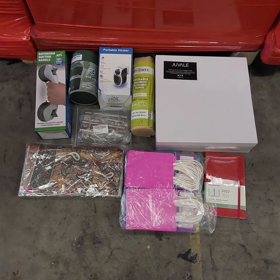 PALLET OF ASSORTED ITEMS INCLUDING: PORTABLE HEATER, BANDANNA, GLASS CANDLE HOLDER, 2022 DIARY, BATHROOM SUCTION HANDLE, CABINET HANDLES, KITCHEN TOWELS, PARTY BAGS, TRAVEL CUP