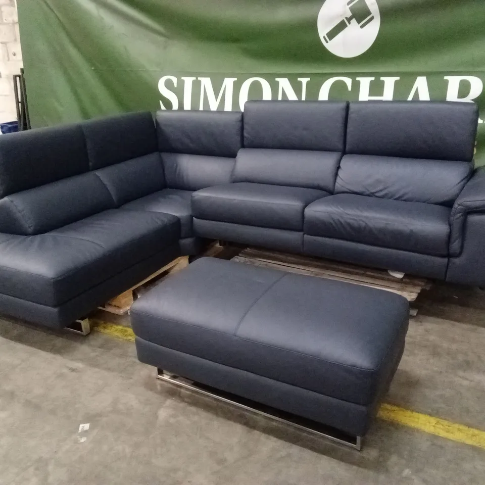 QUALITY DESIGNER ITALIAN MADE CARLO ELECTRIC RECLINING LEATHER CORNER SOFA WITH FOOTSTOOL - BLUE