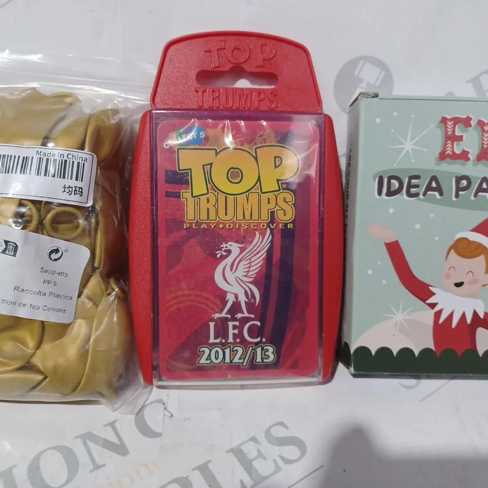 BOX OF APPROXIMATELY 15 ASSORTED TOYS AND GAMES TO INCLUDE ELF IDEA PACK, TOP TRUMPS LFC 2012/13, PACK OF BALLOONS, ETC