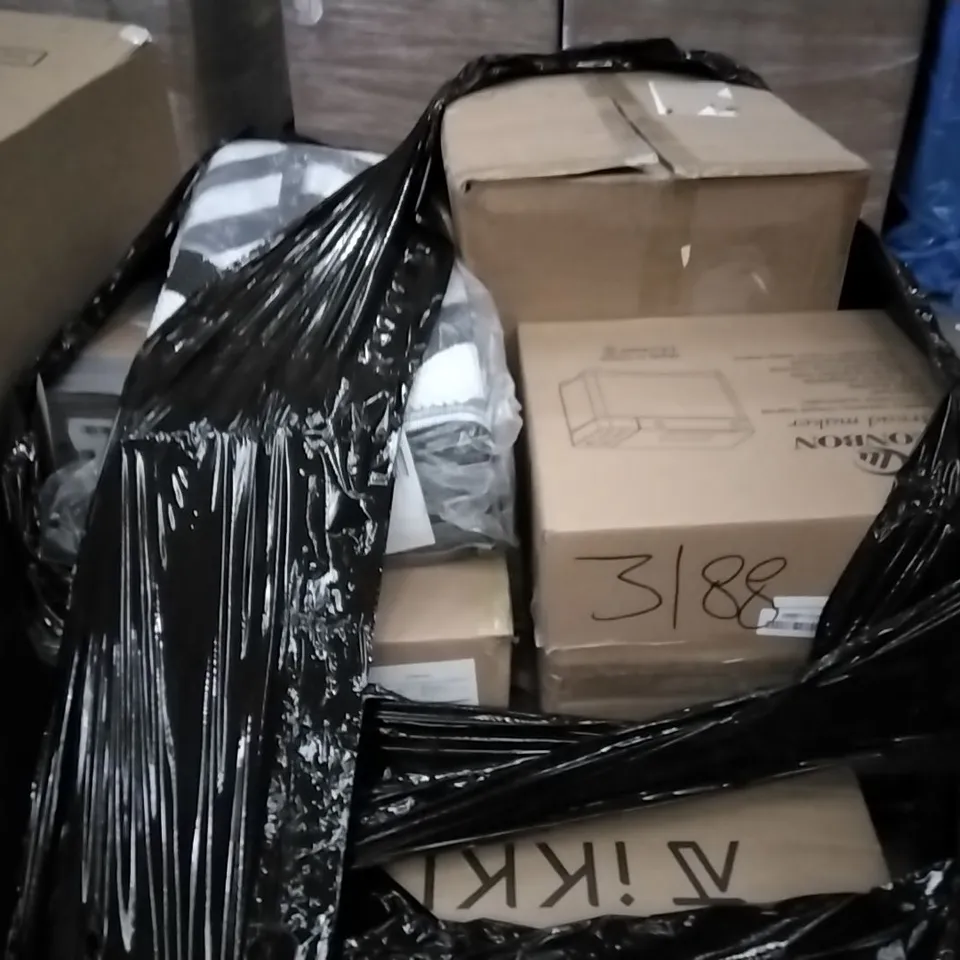 PALLET OF ASSORTED ITEMS INCLUDING EONBON BREAD MAKER, PRESSURE WASHER, GETFIT PREMIUM KING AIR BED, TIKKLE, ELECTRIC SCORING TARGET