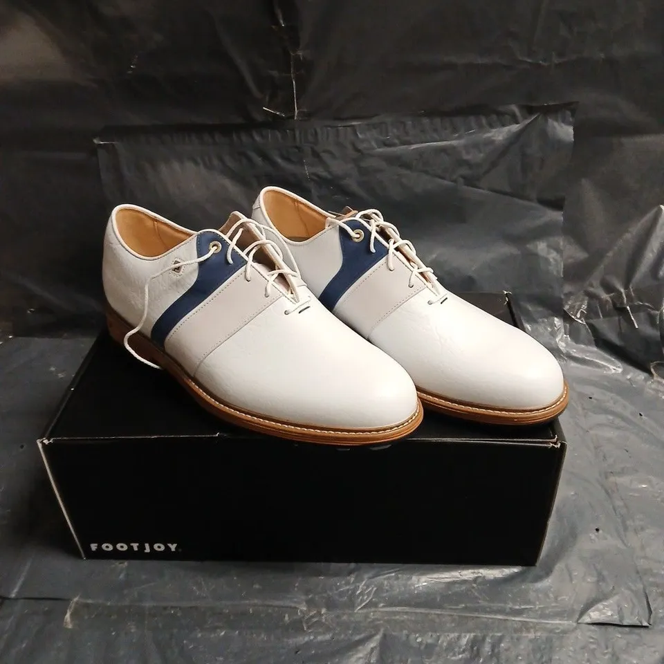 FOOTJOY WHITE LEATHER GOLF SHOES WITH BLUE STRIPE – BOXED UK 11