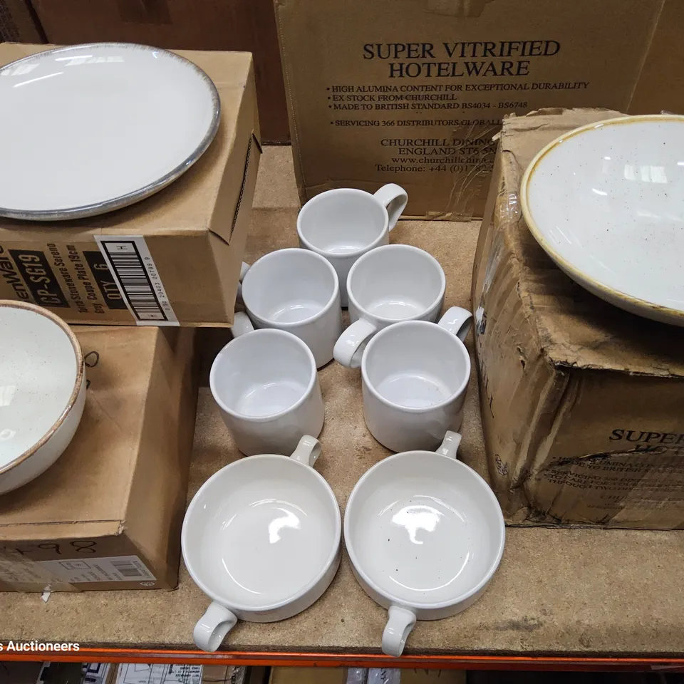 ASSORTED CROCKERY, INCLUDING, BIWLS, SIDE PLATES, MUGS, SOUP BOWLS.