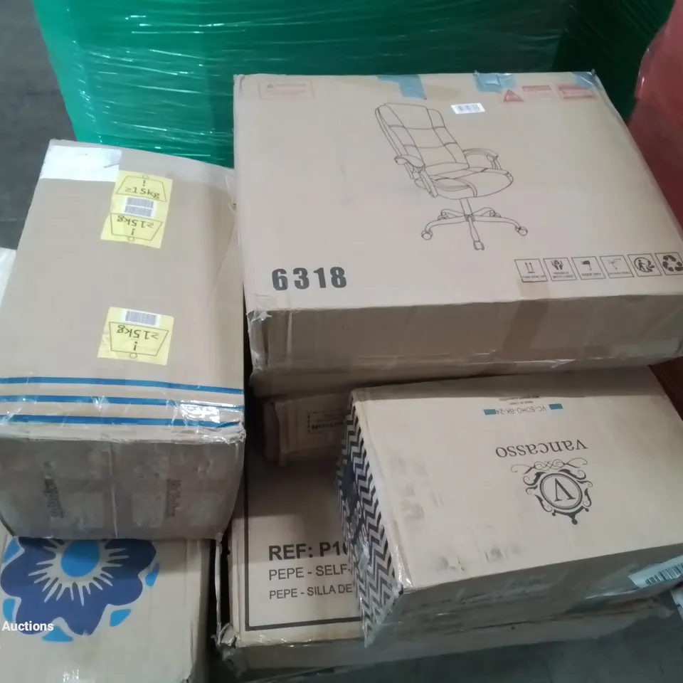 PALLET CONTAINING VARIOUS ASSORTED BOXED HOUSEHOLD ITEMS TO INCLUDE: VACUUM PACKED MATTRESS, OFFICE CHAIR, DINNER SERVICE SET AND LOTS MORE UNMARKED BOXED ITEMS 