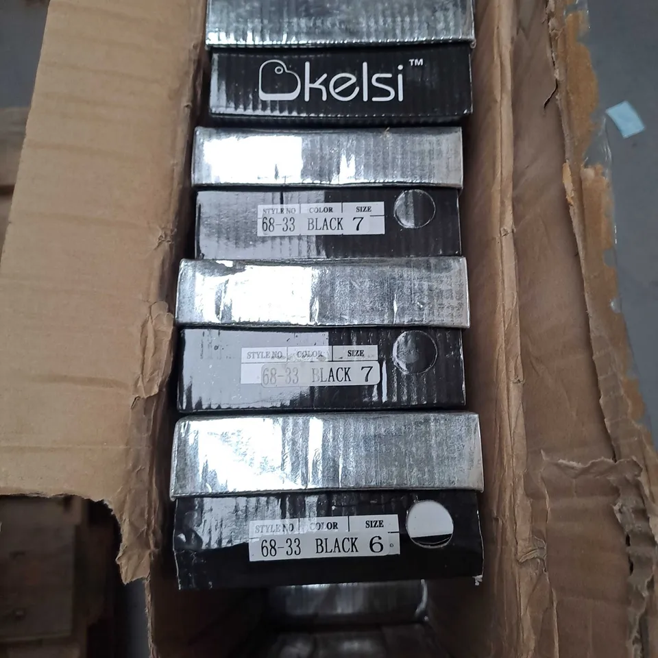 BOX OF APPROXIMATELY 12 PAIRS OF KELSHI EMBELLISHED SANDALS IN BLACK - VARIOUS SIZES 