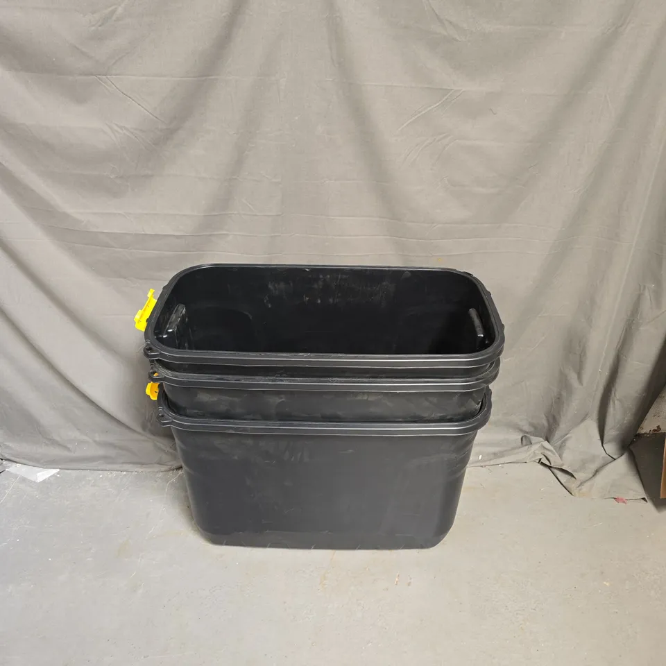 3 DEEP WHEELED BLACK STORAGE TUBS - MISSING LIDS - COLLECTION ONLY